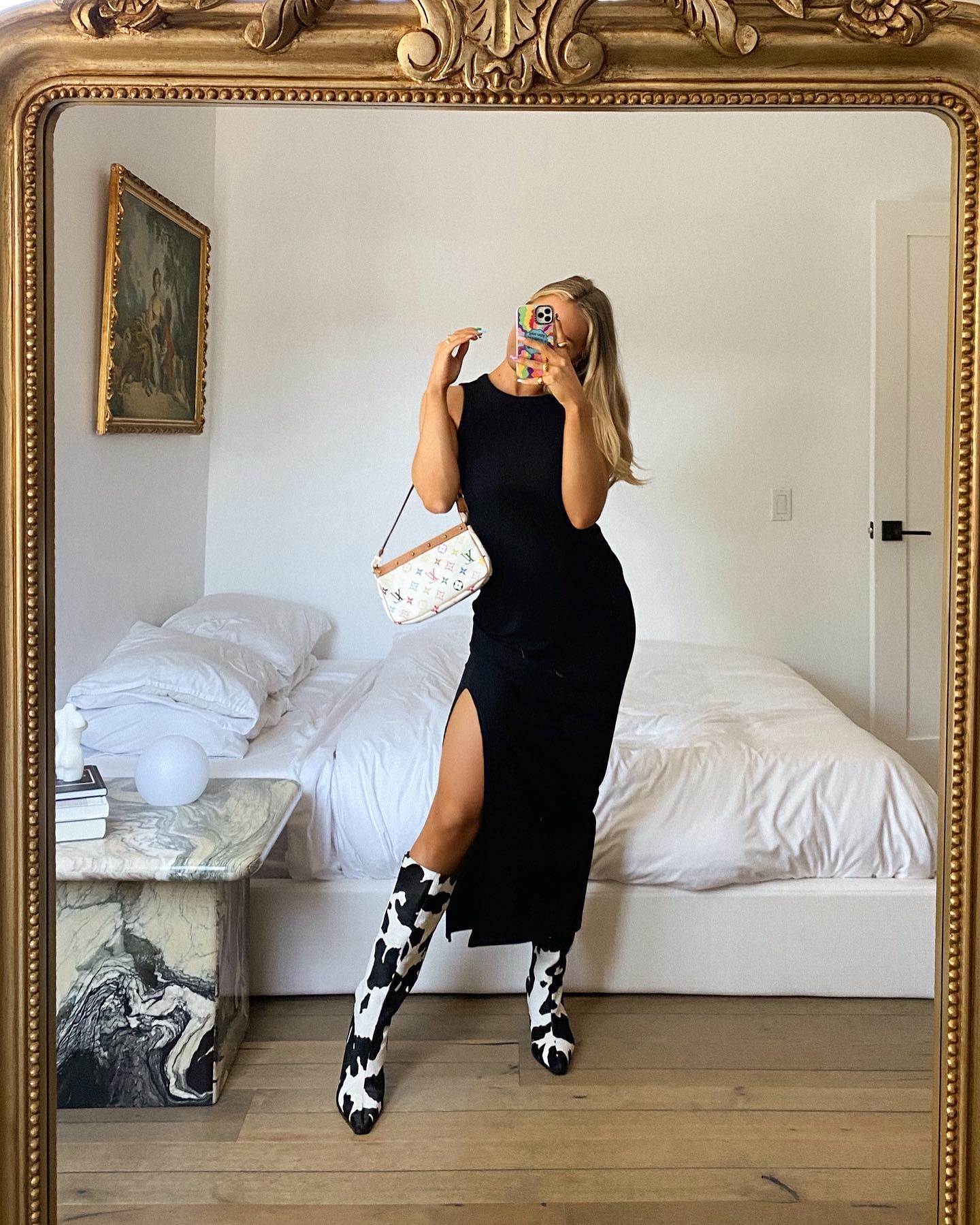 Black Slit Dress With Cow Print Boots