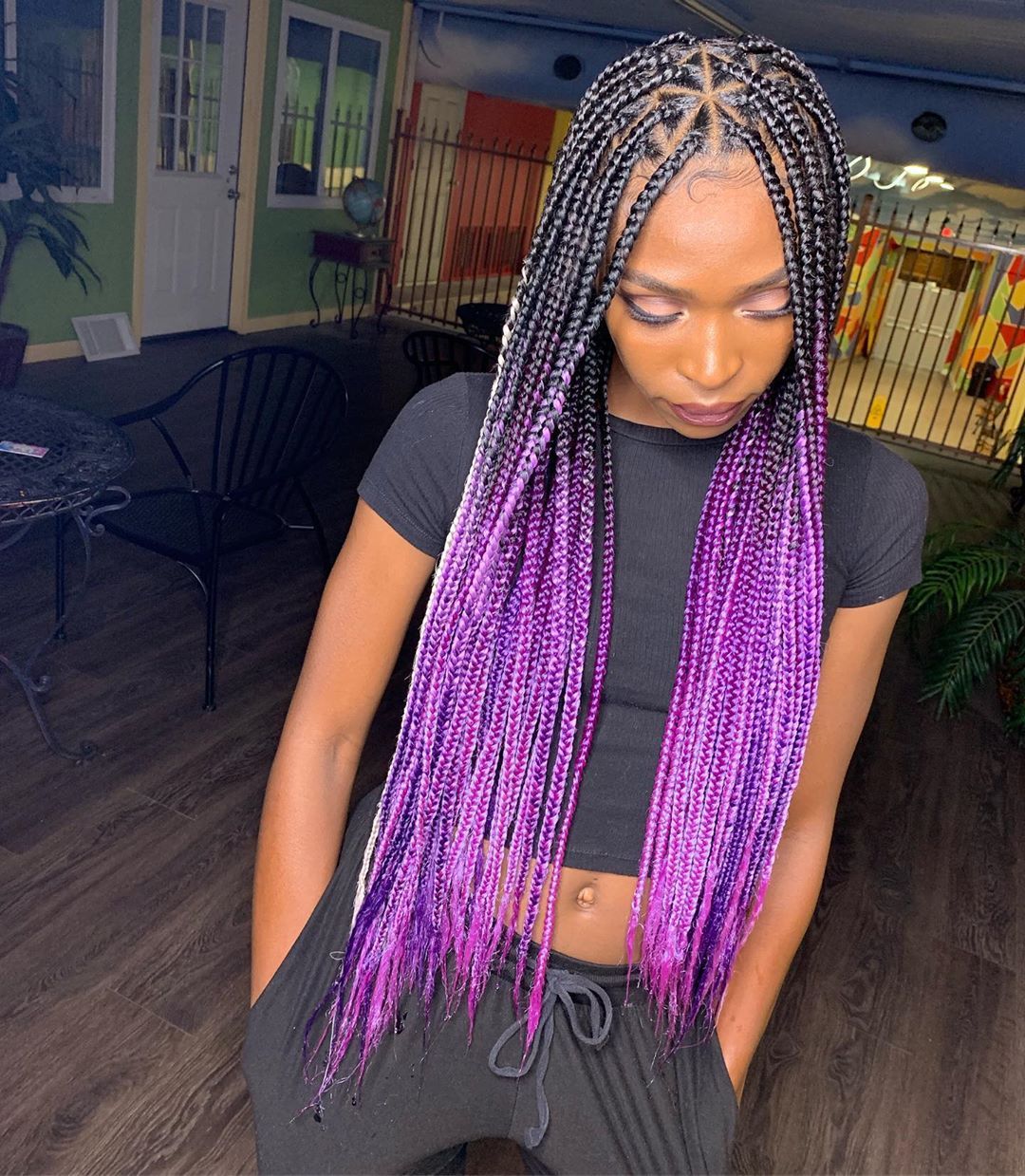 Knotless With Braids With Purple Ends