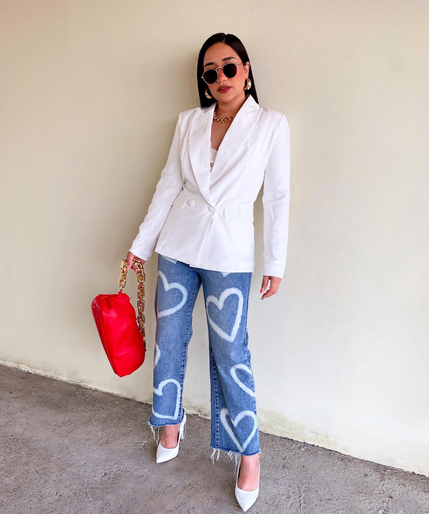White Blazer And Blue Loved Theme Jeans