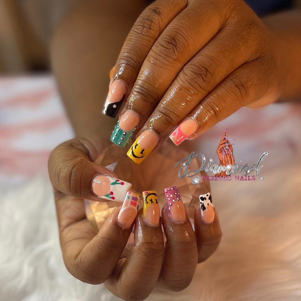 Colorful Mismatched Nails With Smiley Face Design