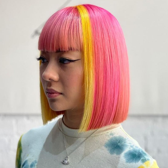 Pink Fringe Hair With Yellow Highlight
