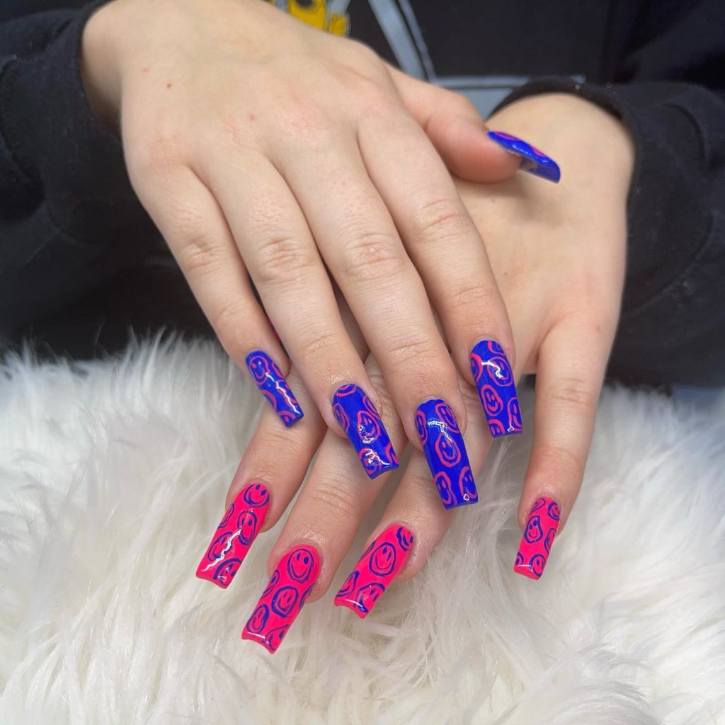 Hot Pink And Blue Smiley Face Nails