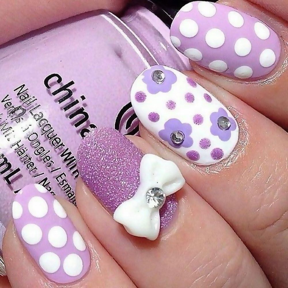 Purple Polka Dot Bow Nail Art