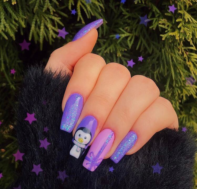 Purple Acrylic Nail With One Nail Penguin