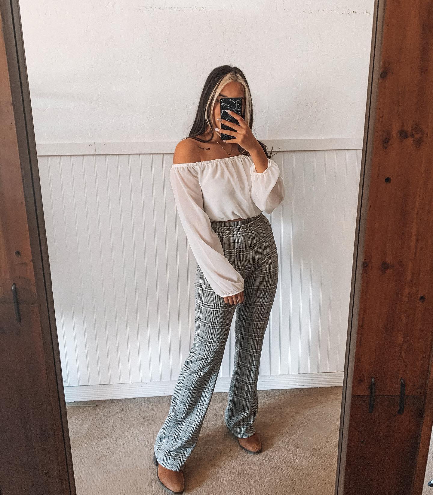 Bootcut plaid pants with off shoulder top