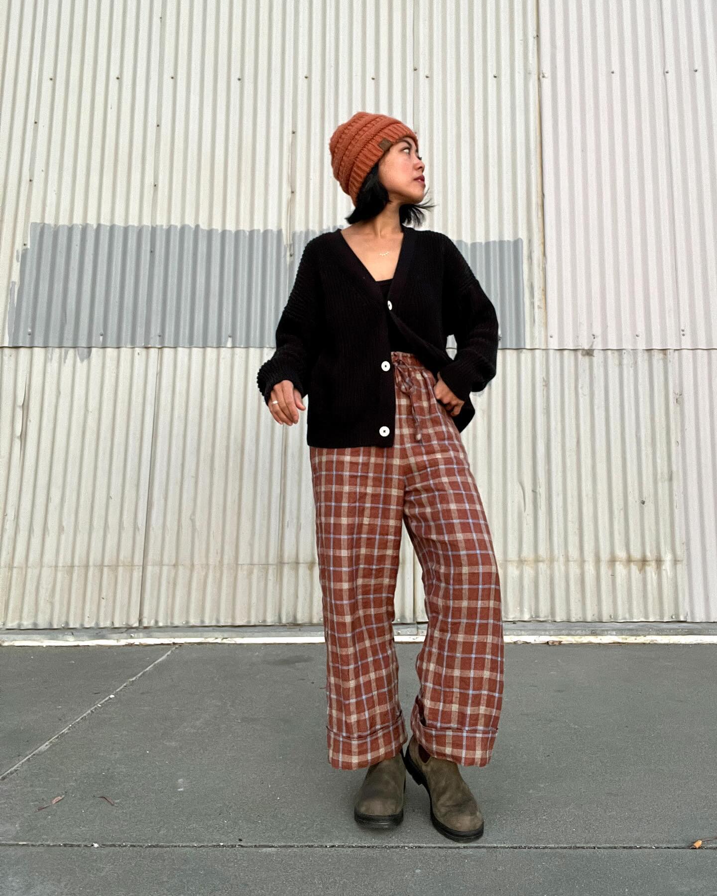 Matching plaid pants with Camisole and Botton down cardigan