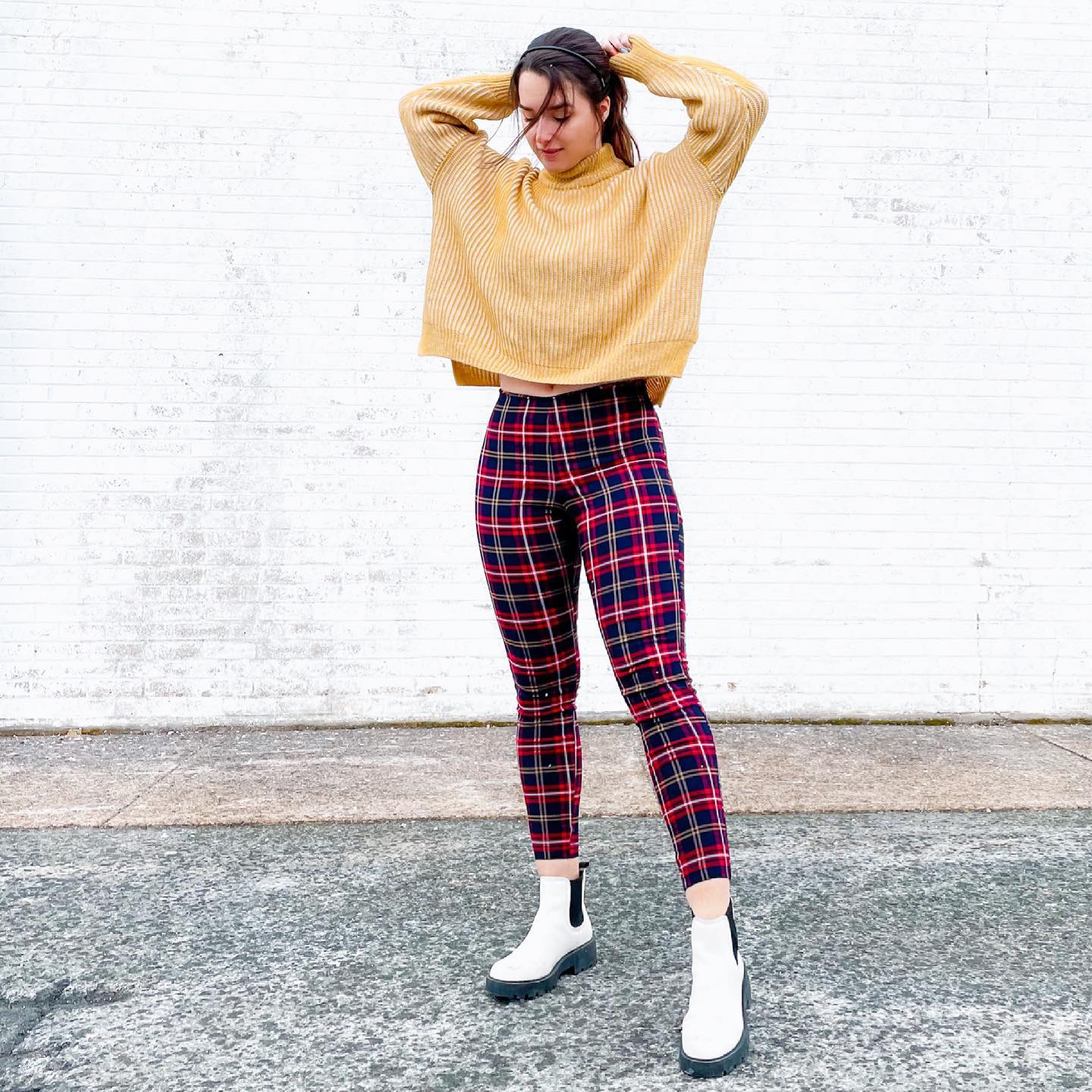 Pairing plaid pants with a turtleneck