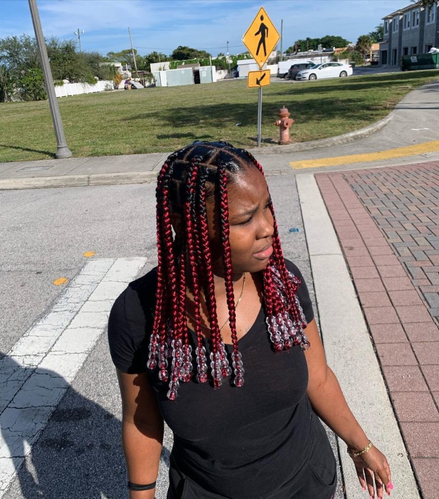 Short Burgundy Knotless Braids With Beads