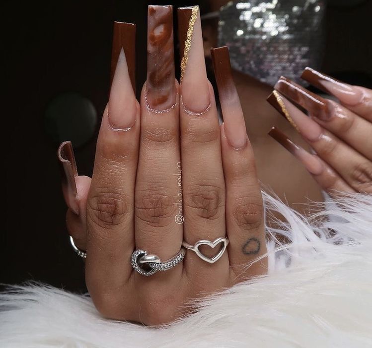Nude Acrylic Nails With  Golden Strips