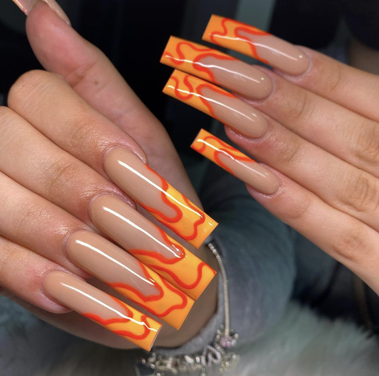 Nude Acrylic Nails Orange Swirls