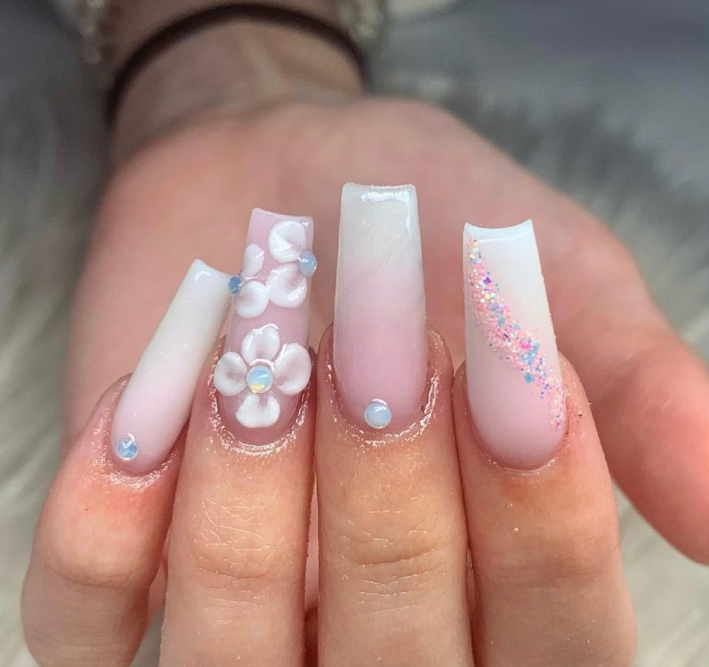 Pink and white medium coffin nails with 3D flowers