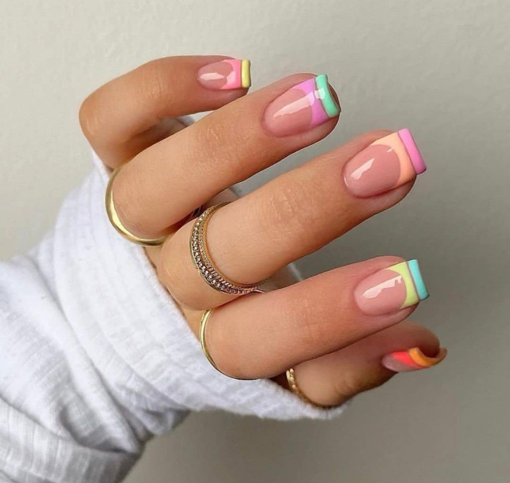 Pink glossy coffin nails with colorful tips