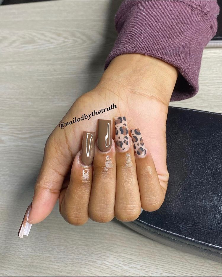 Brown and leopard-themed medium coffin nails