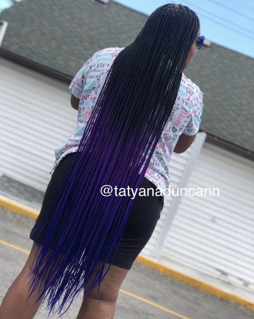 black ad purple knee length box braids