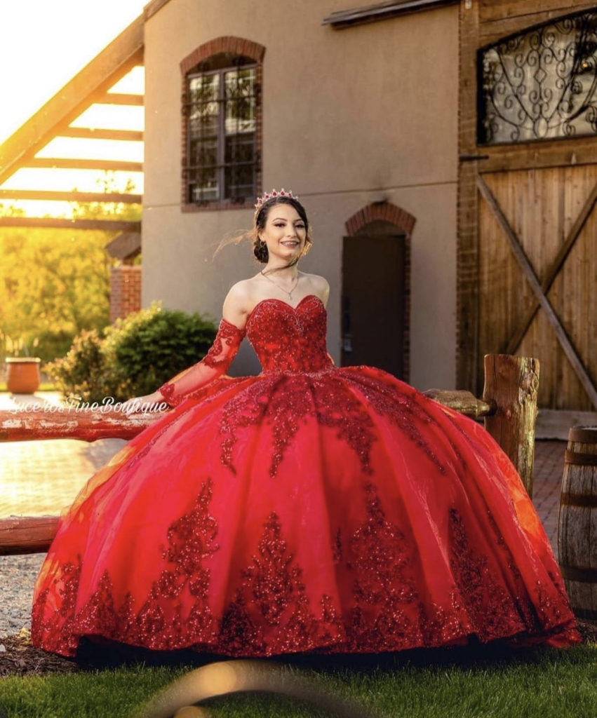  Bold Red Off Shoulder Quinceanera Ball Gown.
