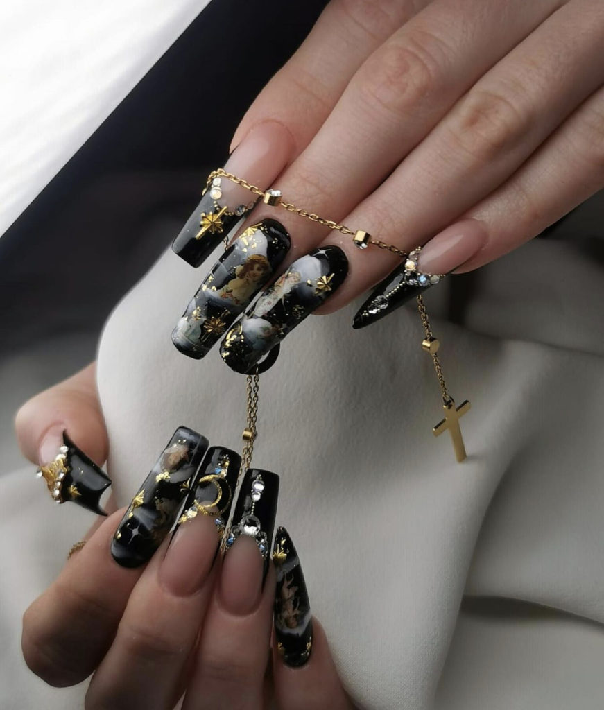 Black And Nude Coffin Nails With Gold Accessories