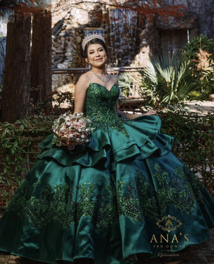  Green Double Layered Quinceanera Ball Gown. 