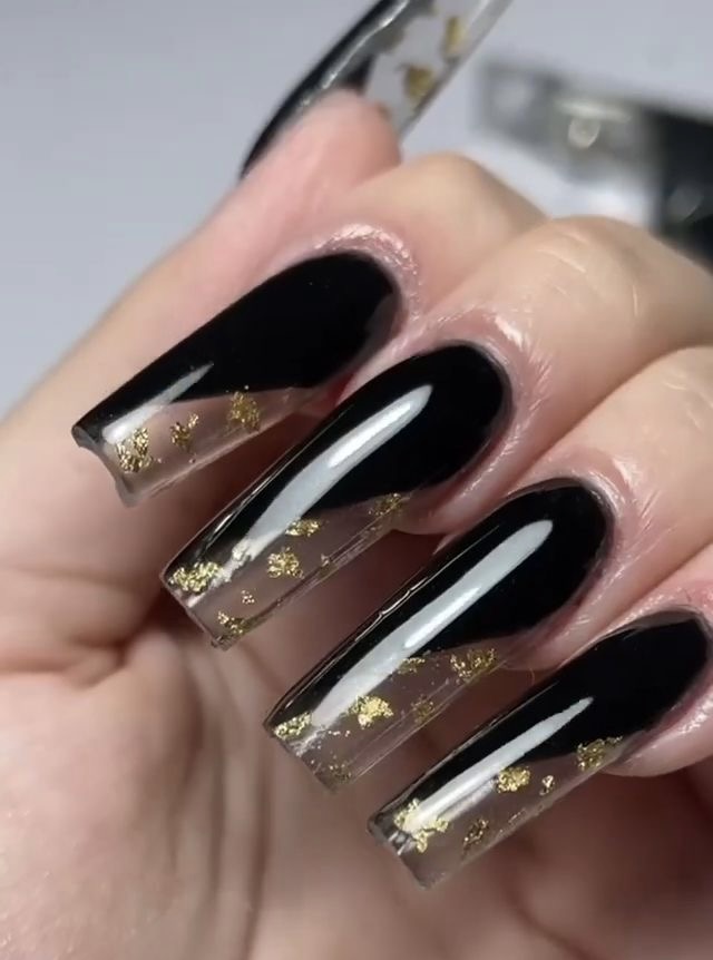 Black Coffin Nails With Gold Flakes