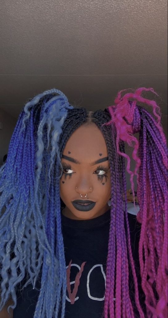 blue and purple box braids with loose curls