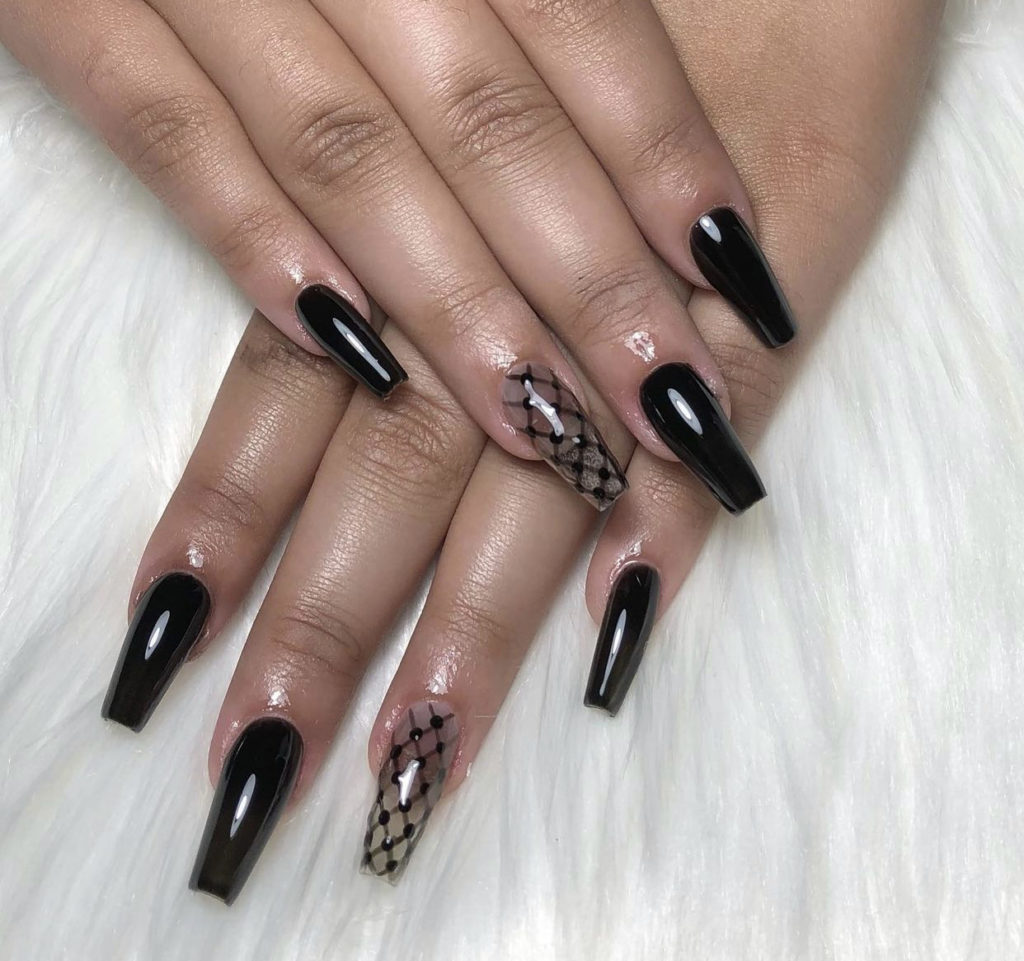 4. Black Coffin Nails With Webbed Designs