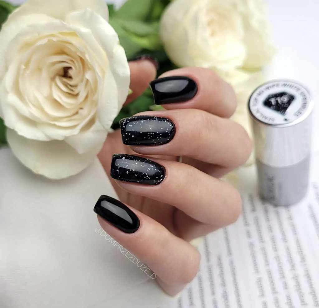 6. Black Coffin Nails With White Sprinkles
