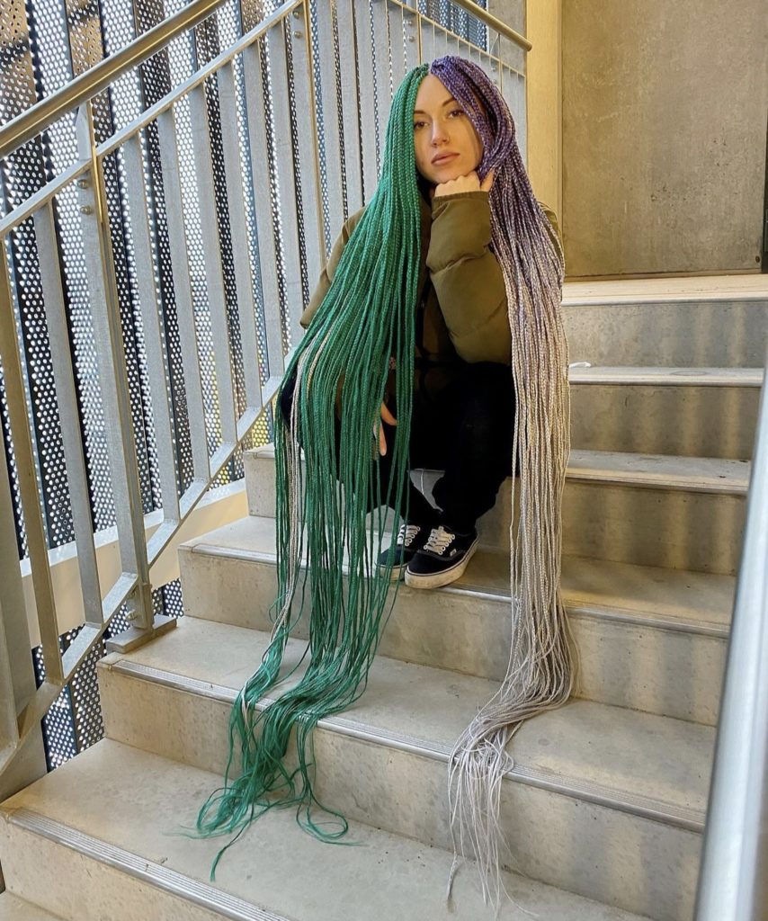 long purple, green and blonde box braids