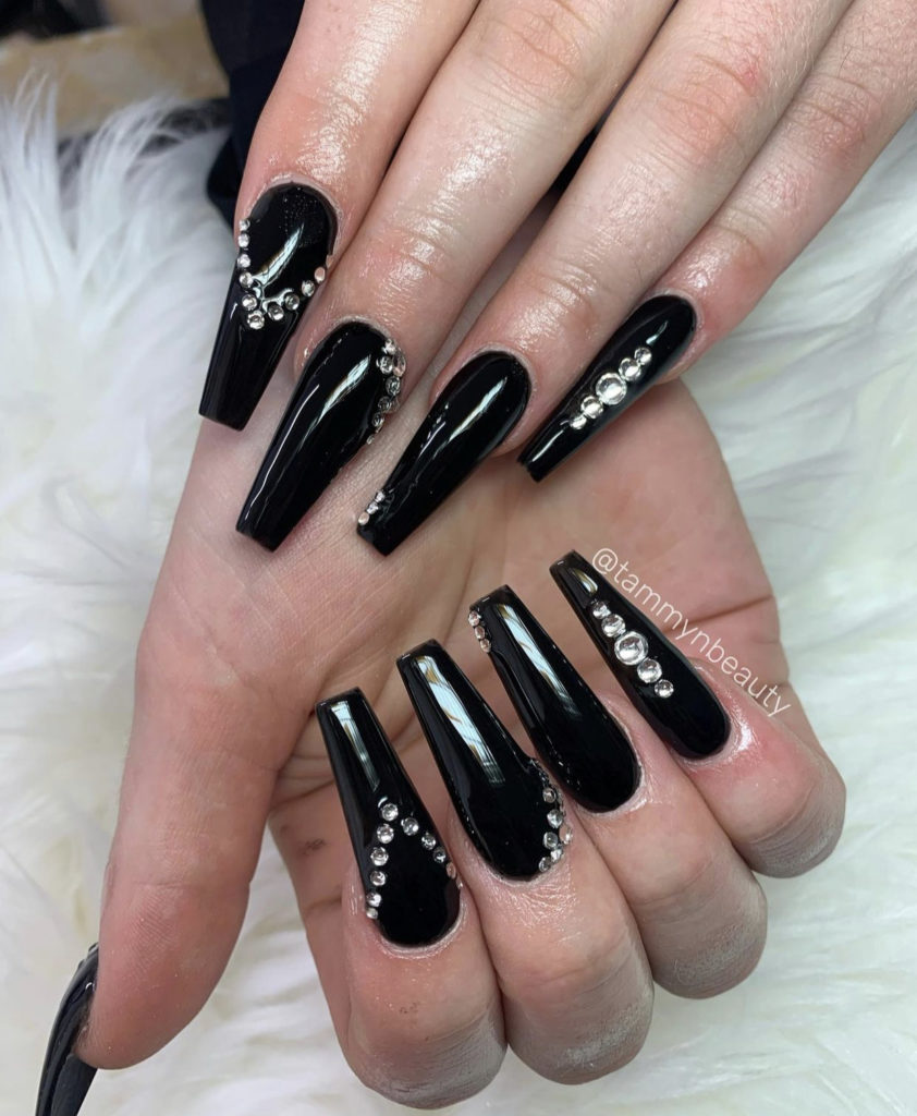 3. Black Coffin Nails With Silver Gems