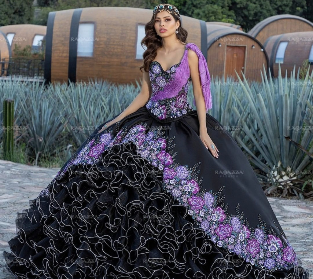  Black and purple Quinceanera Ball Gown.