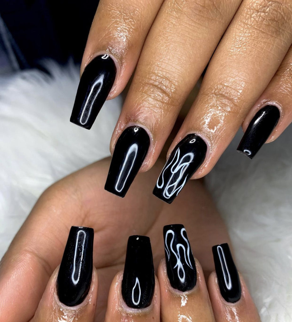 Black And White Flame Coffin Nails
