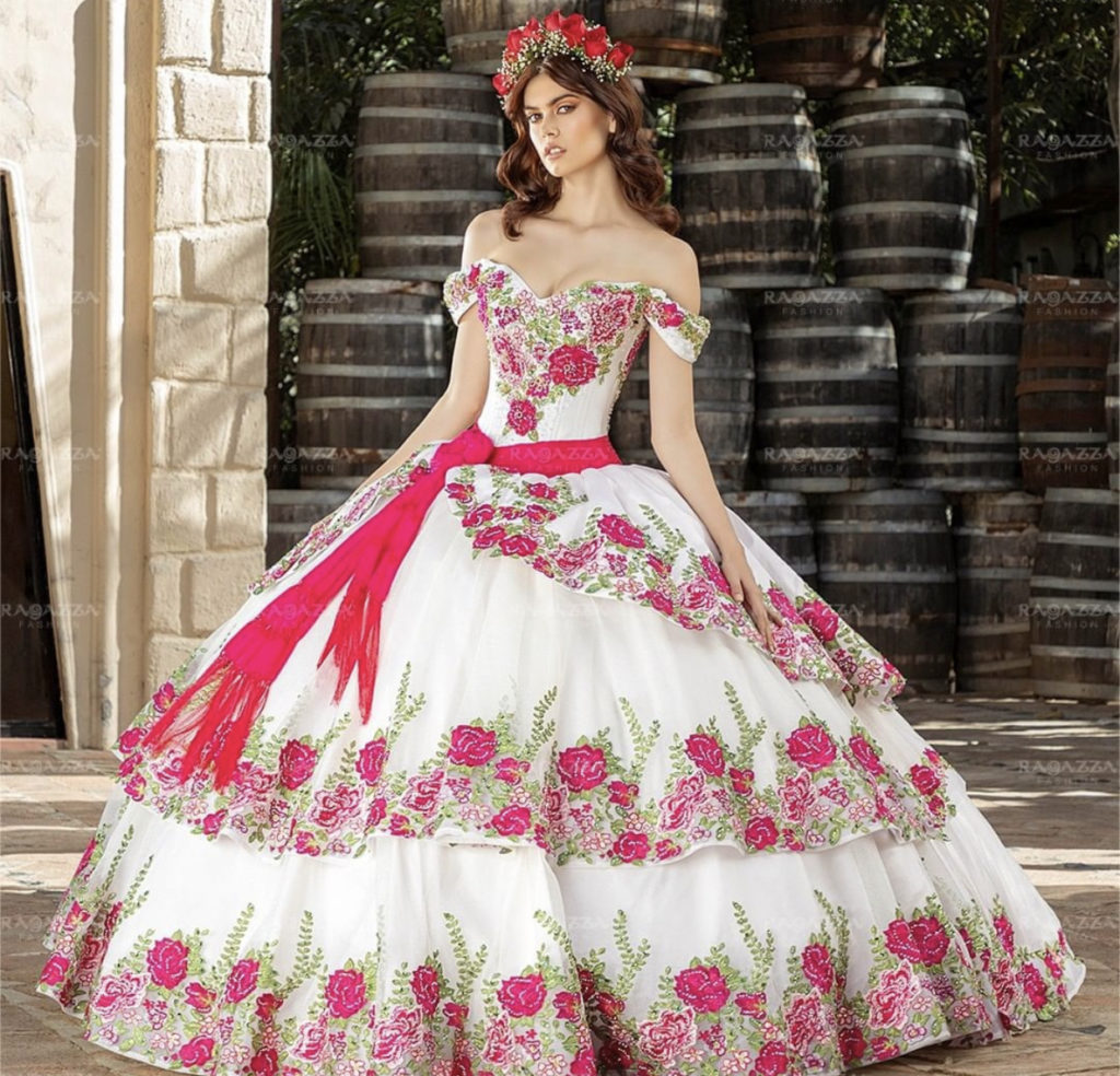 White and Pink Floral Quinceanera Ball Gown.