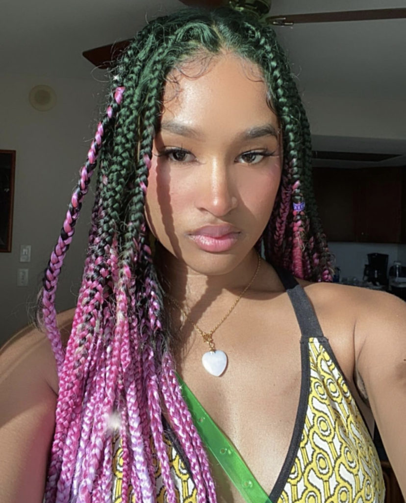 green and pink box braids