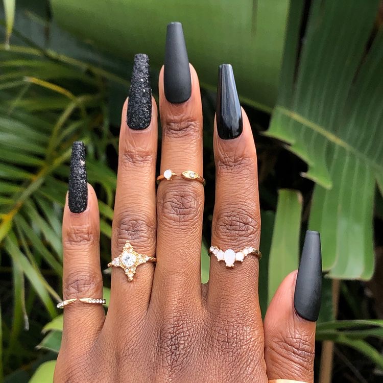  Matte Black Coffin Nails With Shiny Glitter