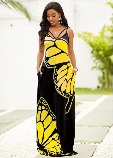  Spaghetti strap butterfly print maxi dress
