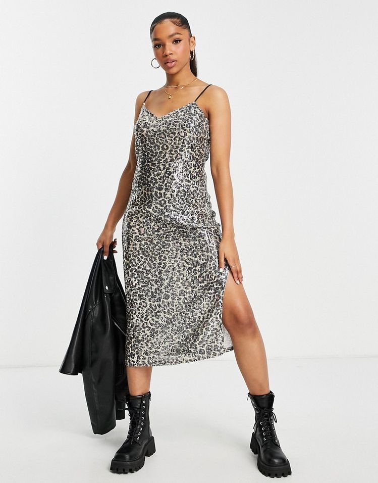 Panther animal skin silver sequin strap dress with slit