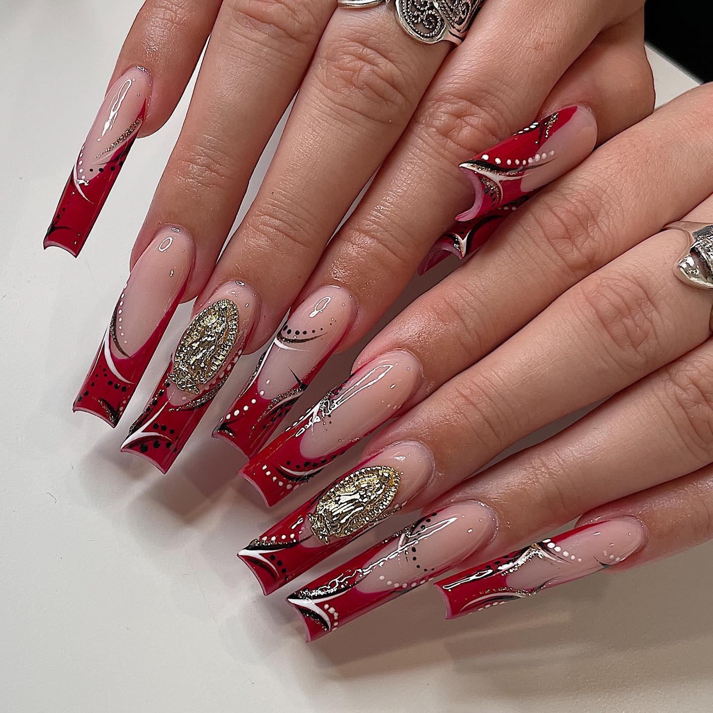 Long Red French Tips With Nail Ornaments