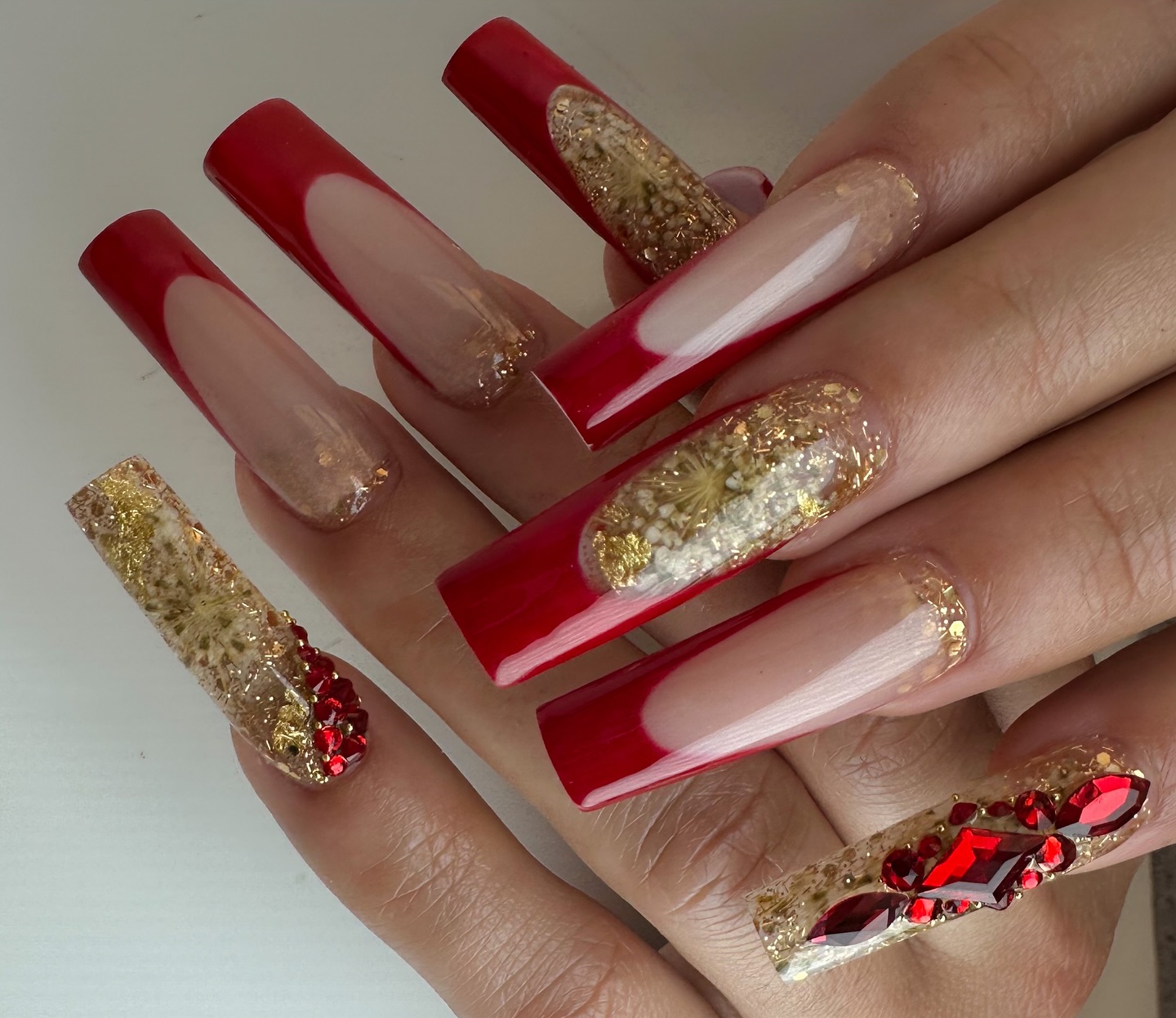 Red Acrylic Nail With Glitter Encapsulation