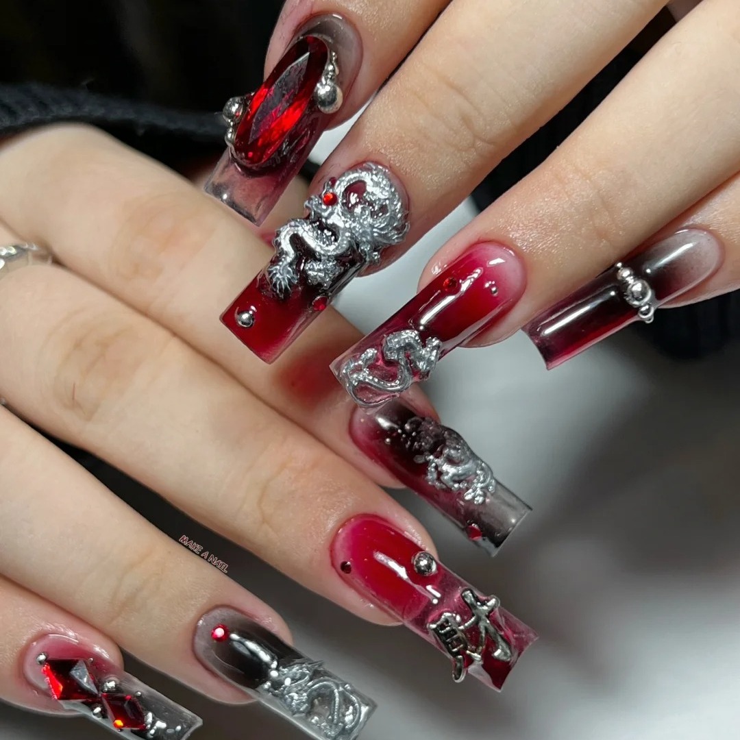 Red Acrylic Nails With Chinese Dragon