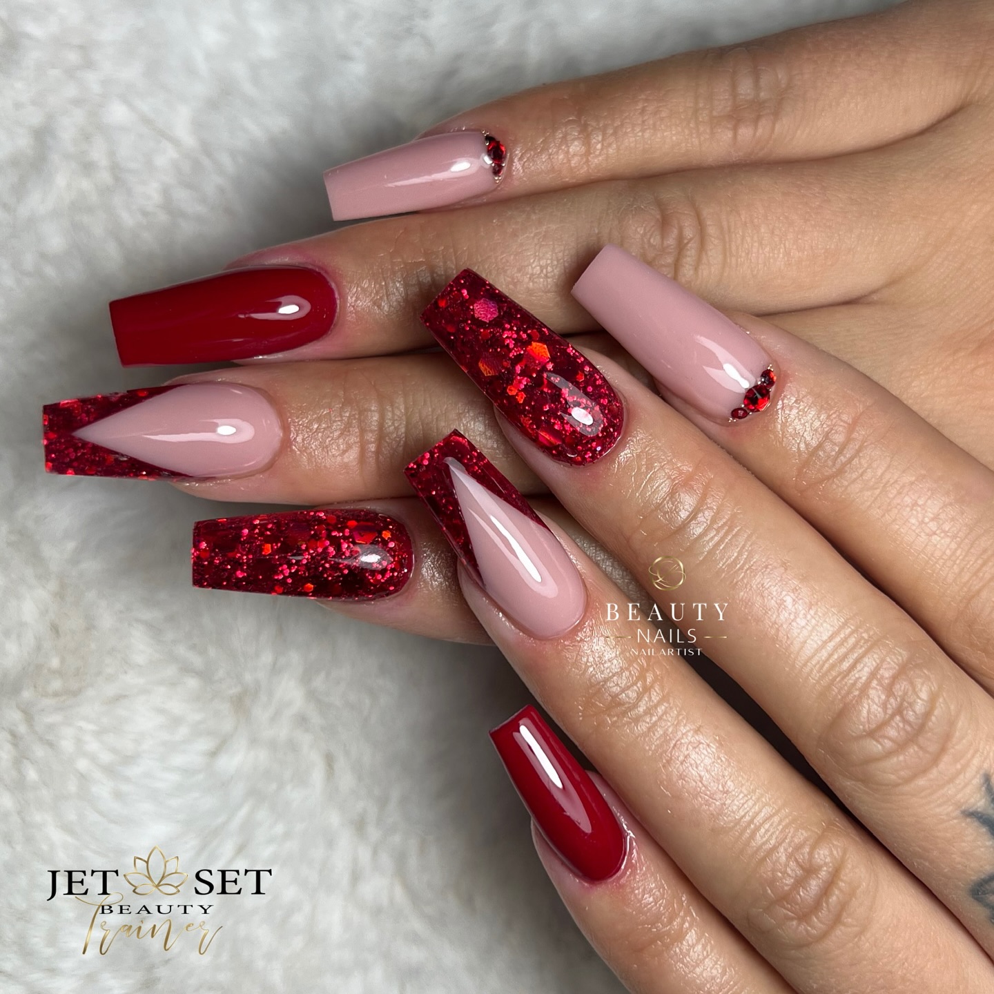 Red And Nude Acrylic Nail Set