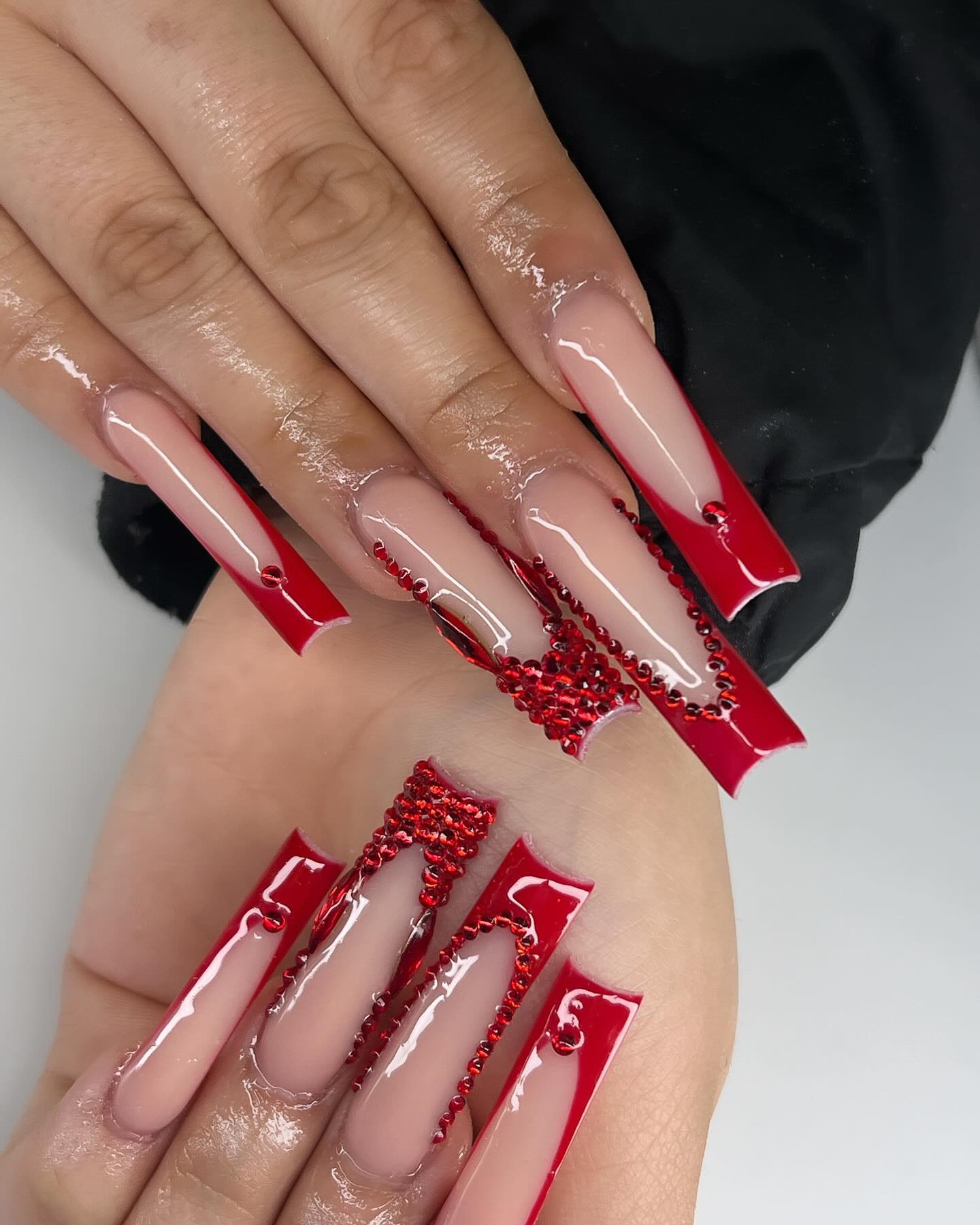 Red French Tips With Rhinestones