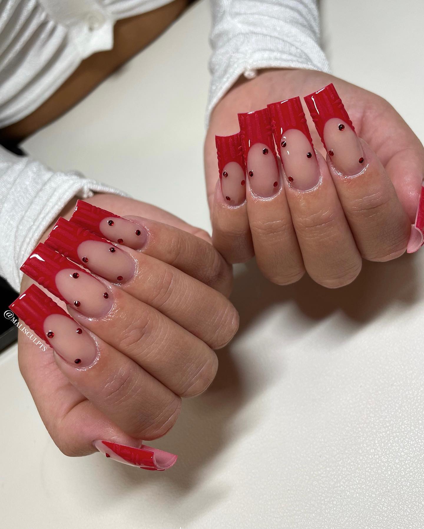 Studded Red French Tip Nails