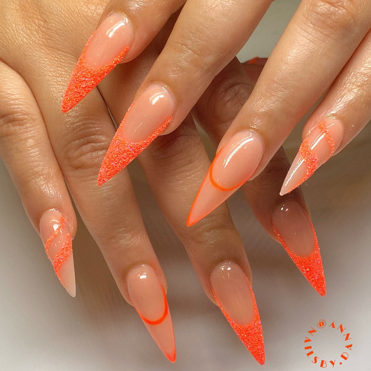 Nude Acrylic Nails With Orange Glitter