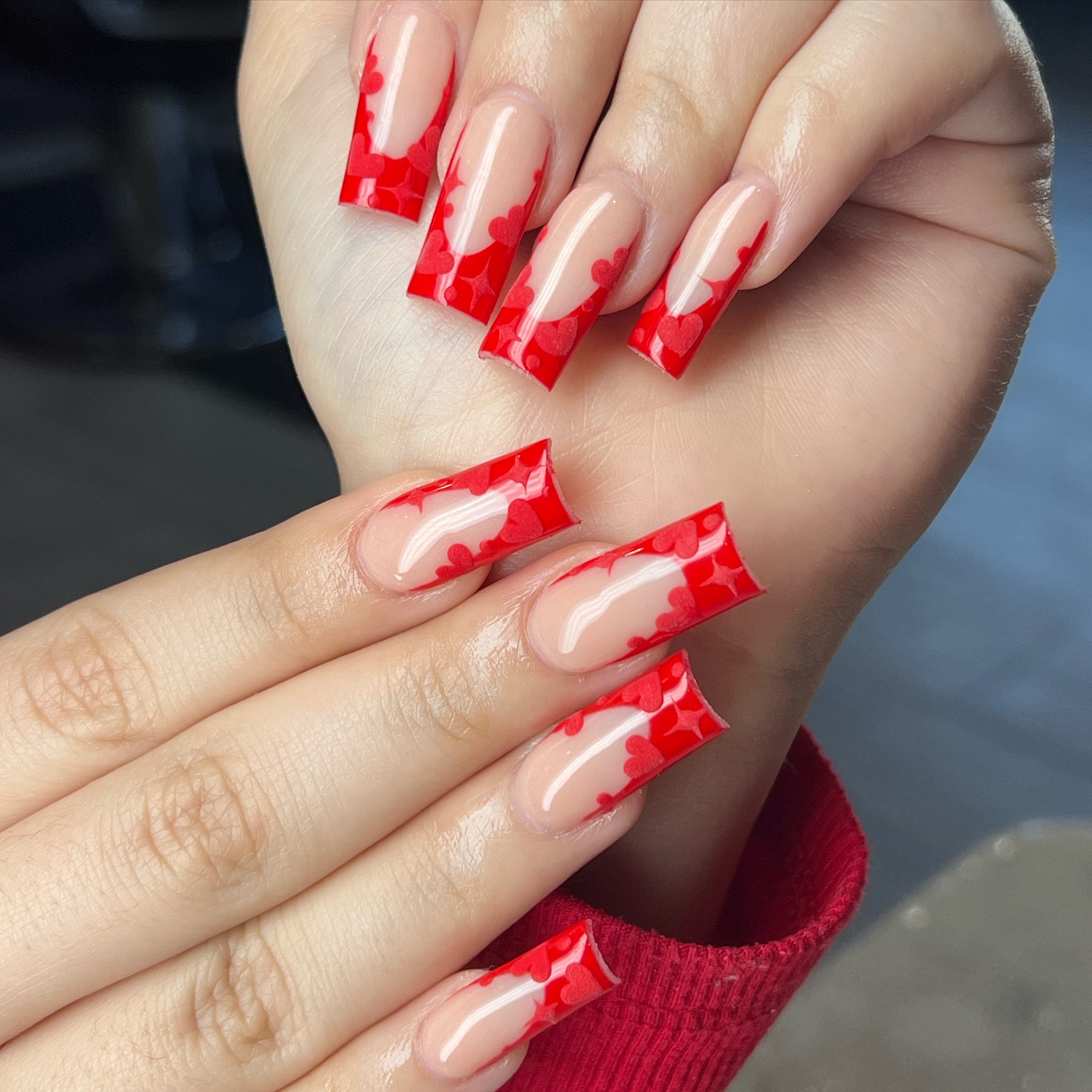 Red French Tips With Heart Shapes