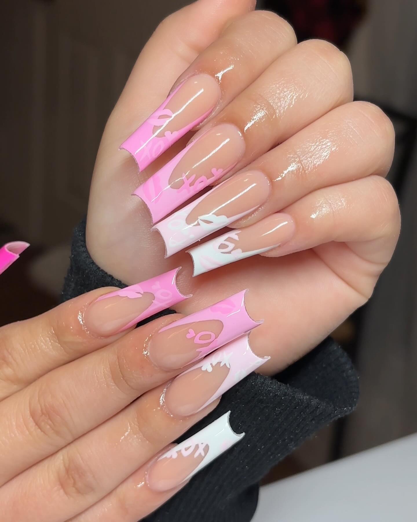 Baby Pink Frenchie Nails With Hand-Drawn Art