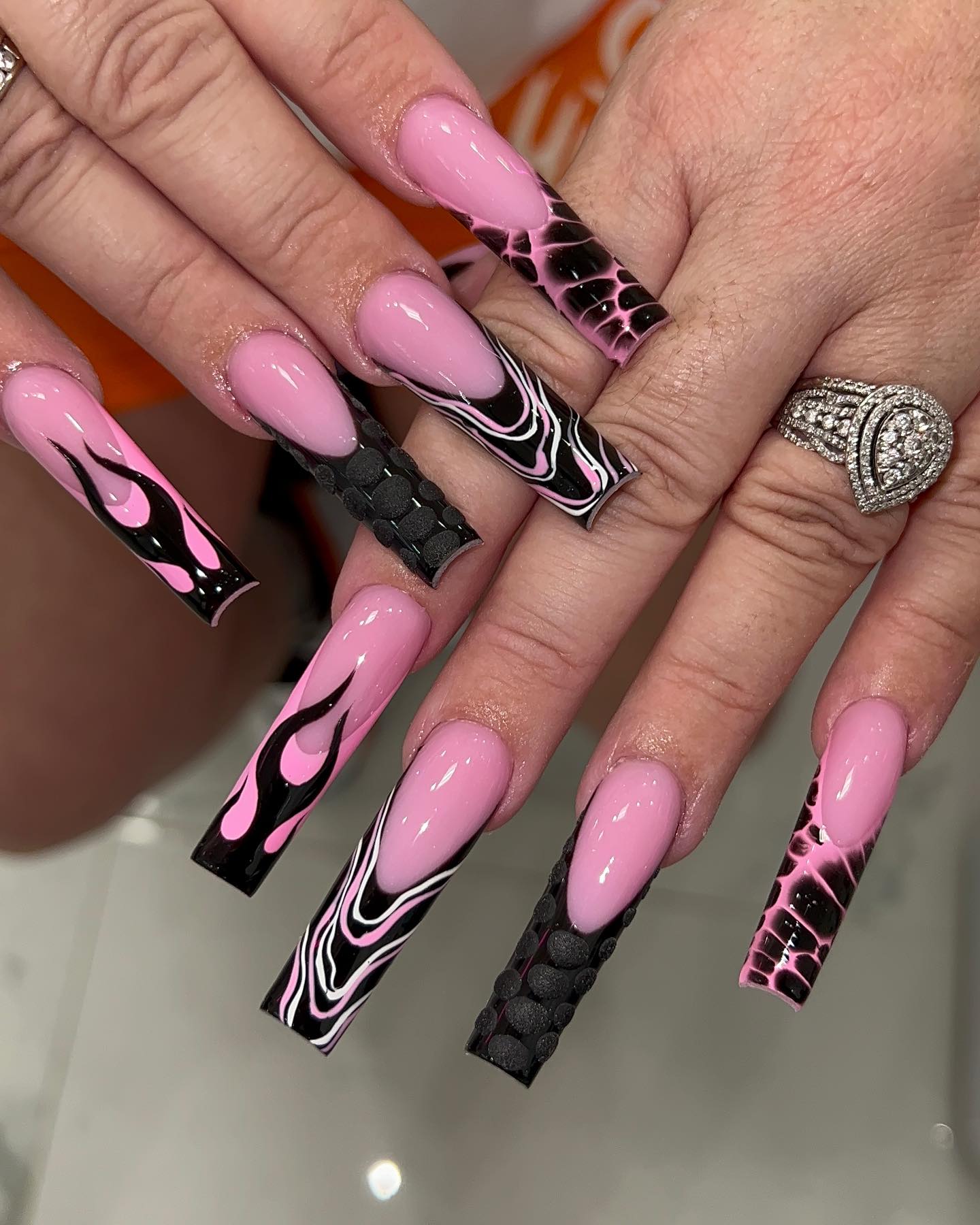 Black And Pink Freestyle Baddie Nails