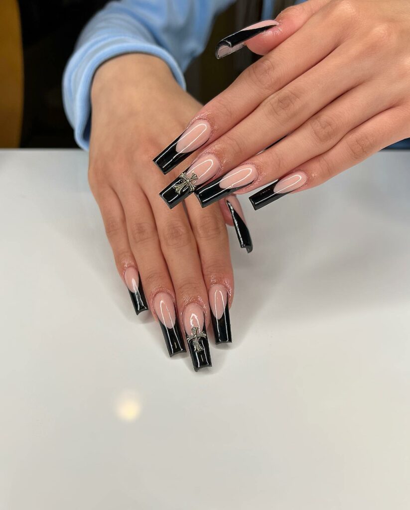 Black Coffin Nails With Chrome Cross