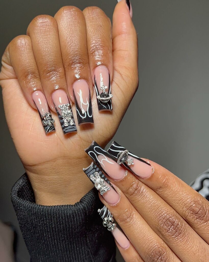 Black French Tip Coffin Nails With Flames