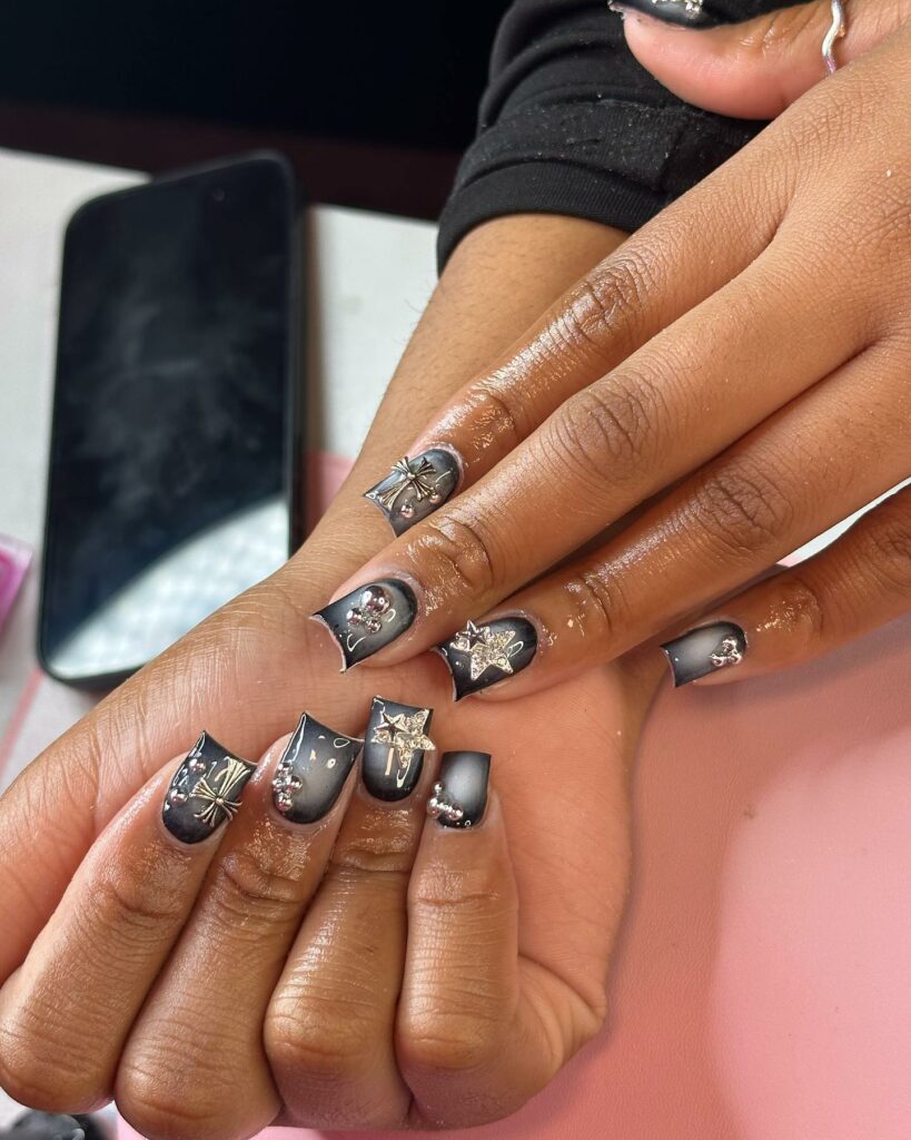Black and White Short Nails with Silver Accents