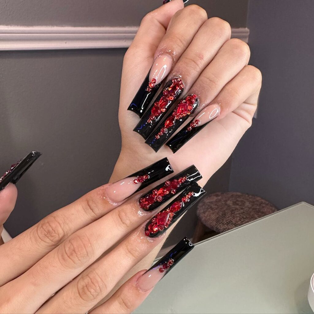 Black coffin nails with-red-gems
