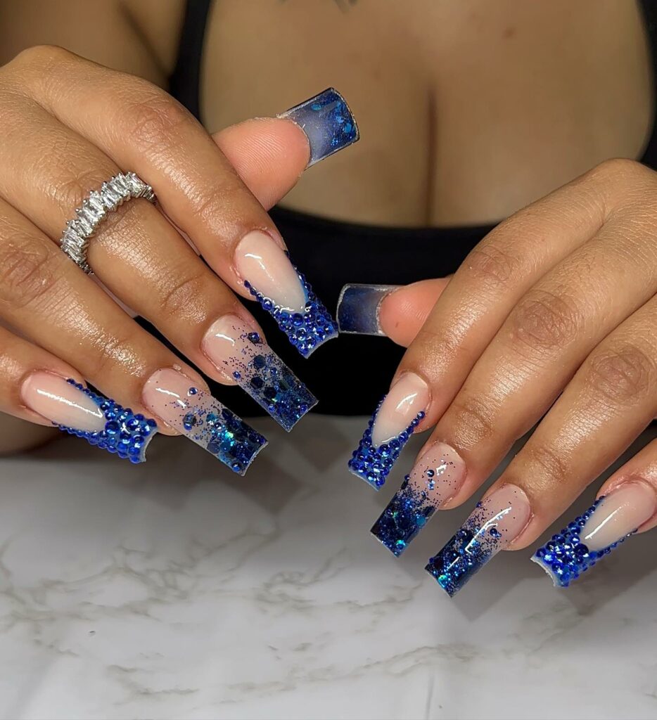Blue Acrylic Nails With Rhinestones