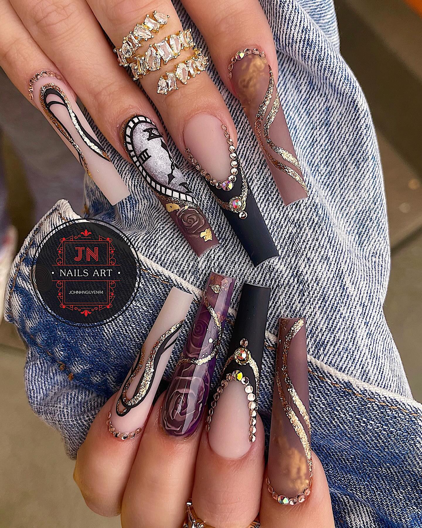 Brown Coffin Nails With Beautiful Art